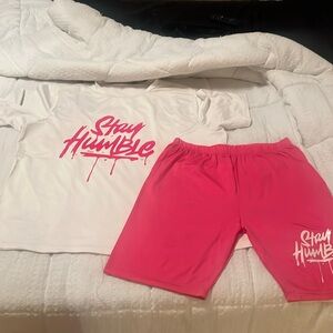 White/pink “Stay Humble” outfit